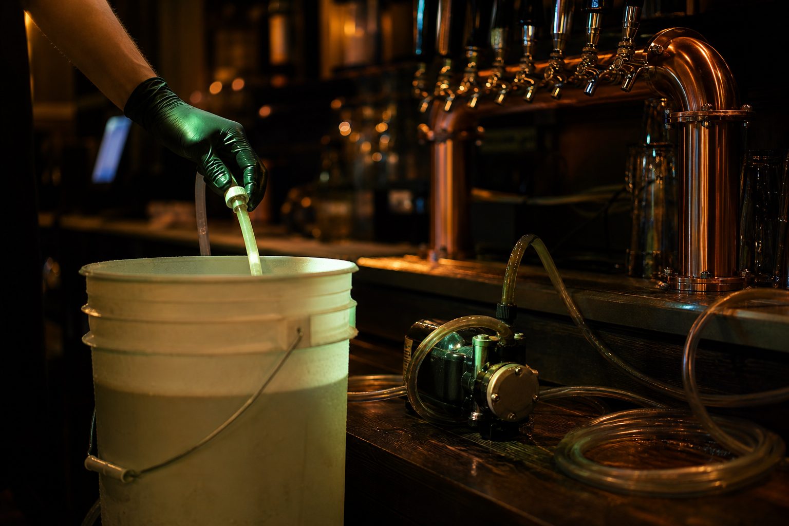 Gloved hands connecting a cleaning pump to beer lines behind a dark oak taproom bar lit in warm amber