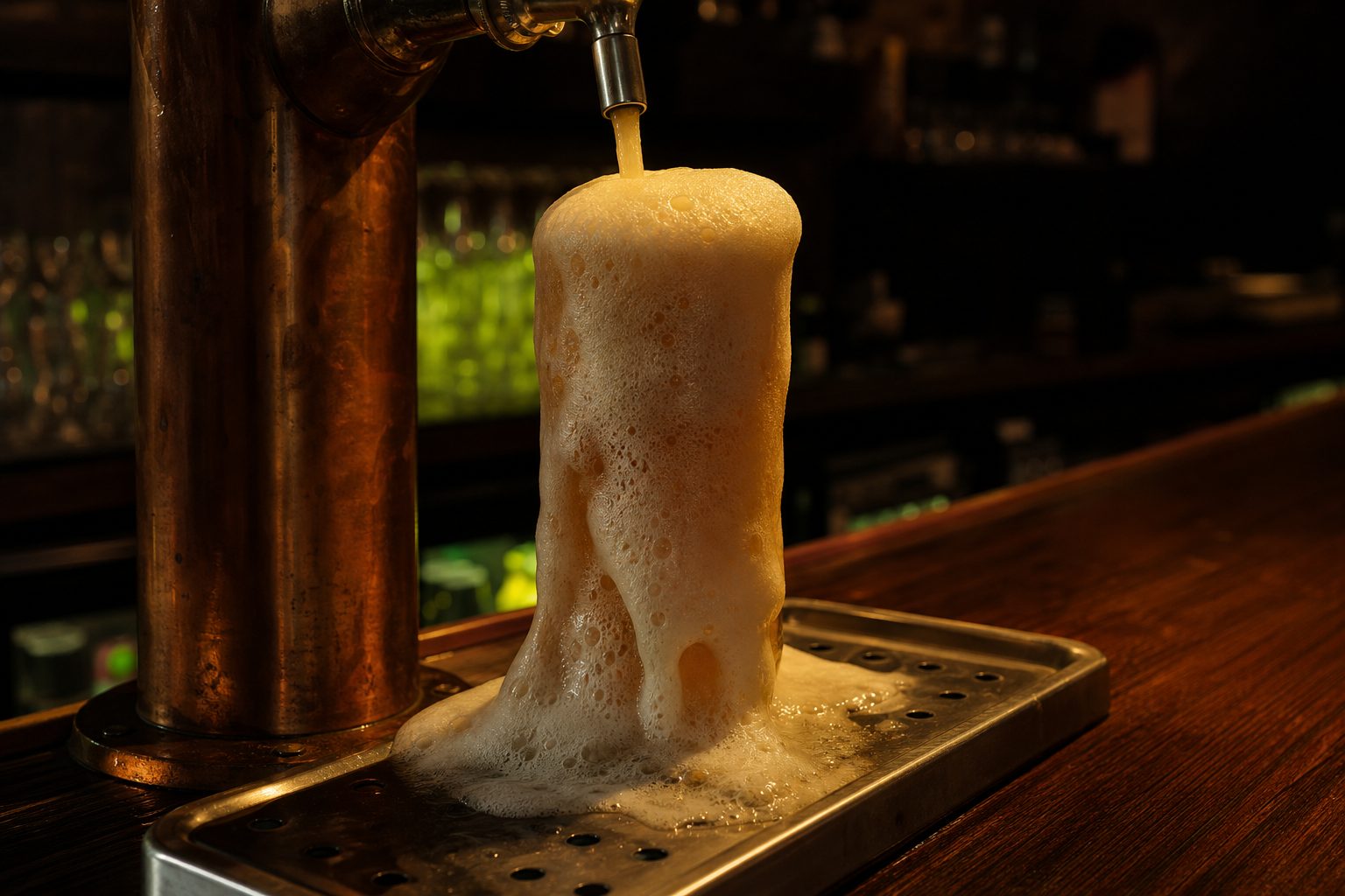 Close crop of a draft faucet pouring an overflowing head of foam into a stainless drip tray