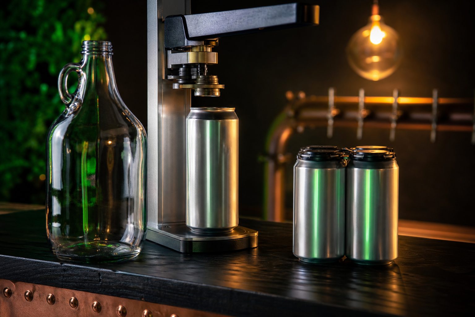 Glass growler, sealed crowler can and a four pack lined up on a dark oak taproom counter