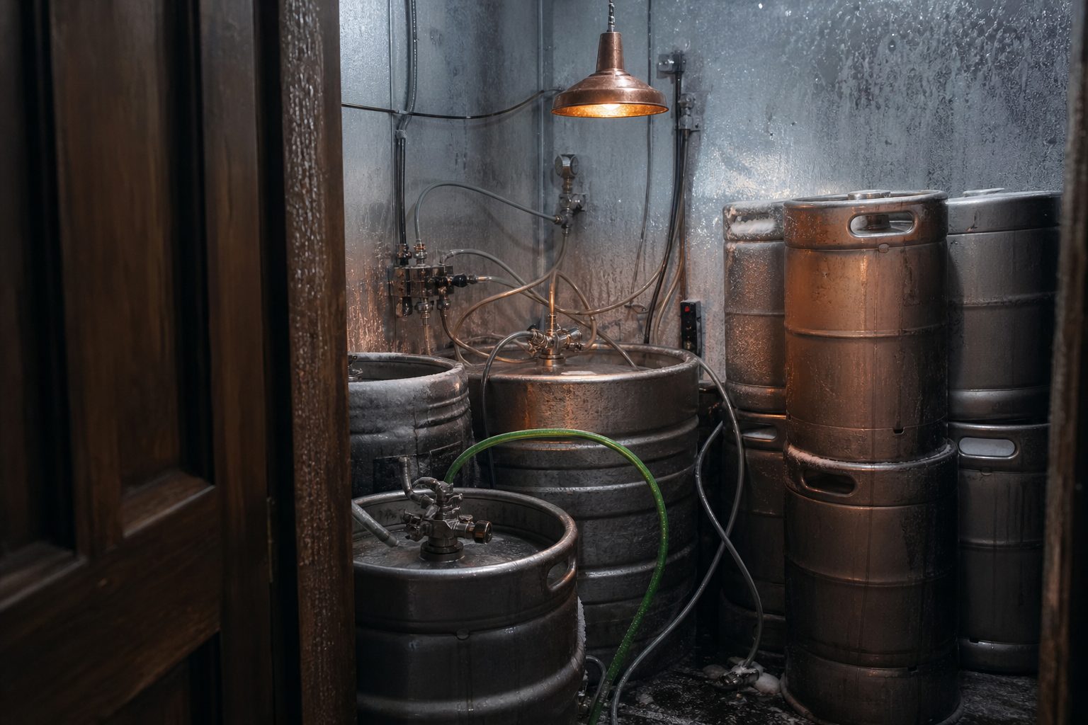 Half barrel and sixtel kegs with couplers inside a frosted walk in cooler under a single work lamp