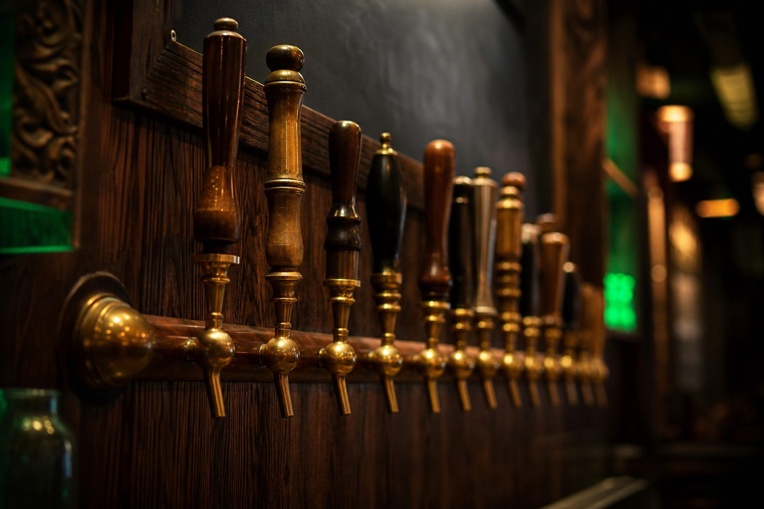Row of brass and copper tap handles on a dark oak tap wall with a blurred chalkboard behind