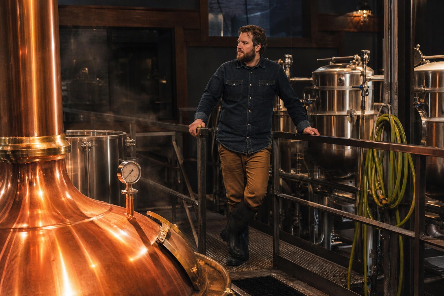 Brewer standing beside a copper brew kettle and stainless fermenters in a steamy brewhouse
