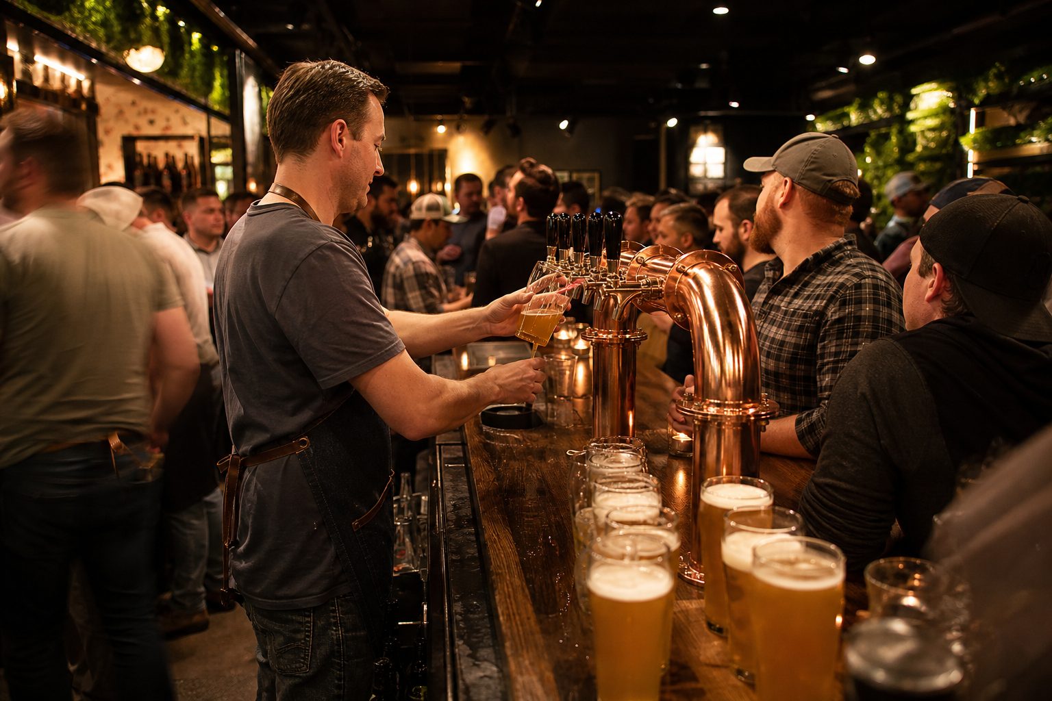Bartender pouring a row of glasses at a crowded dark oak bar with a copper tap tower on release night