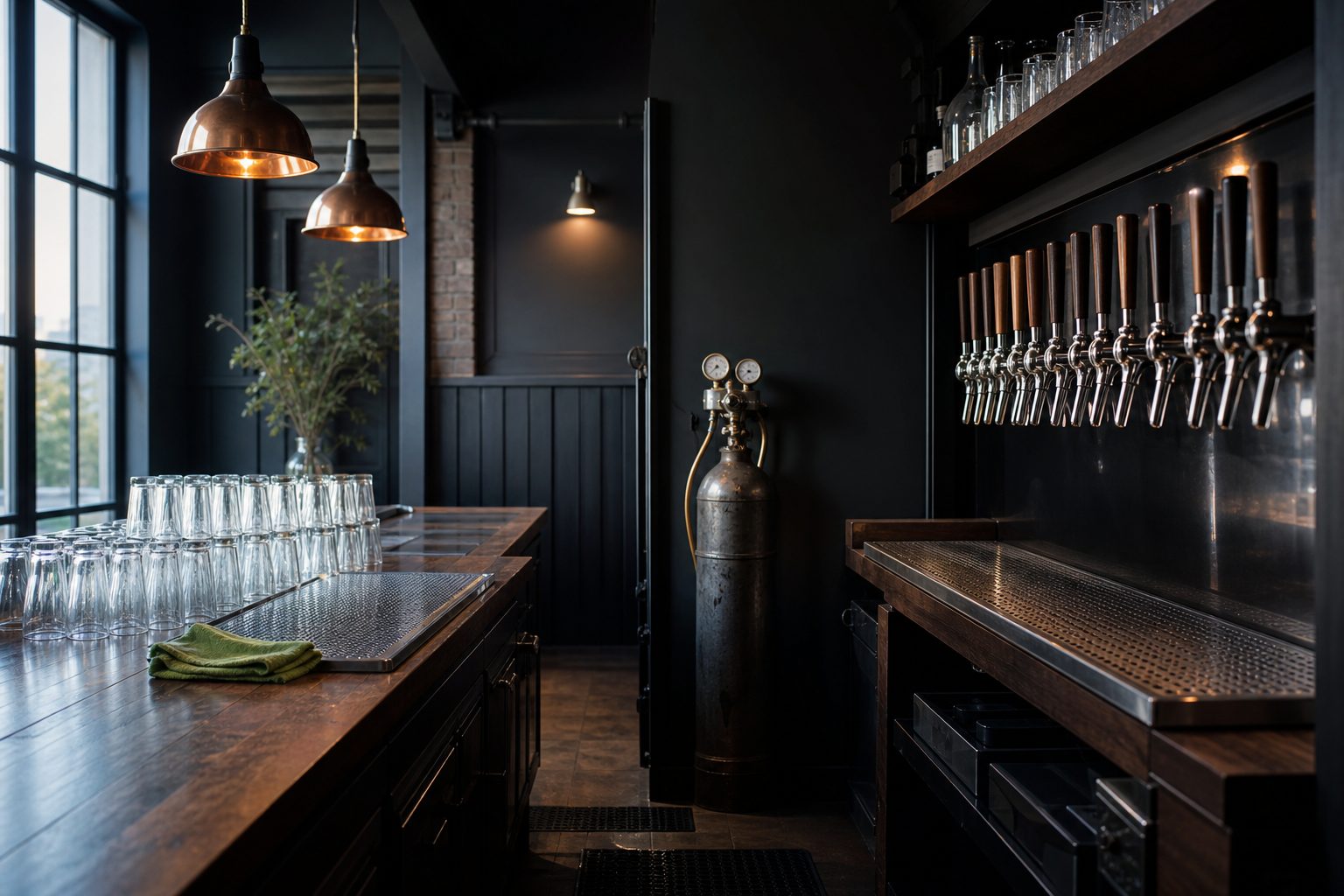 Empty taproom before opening with stacked glassware, wiped drip trays and a CO2 tank with gauges