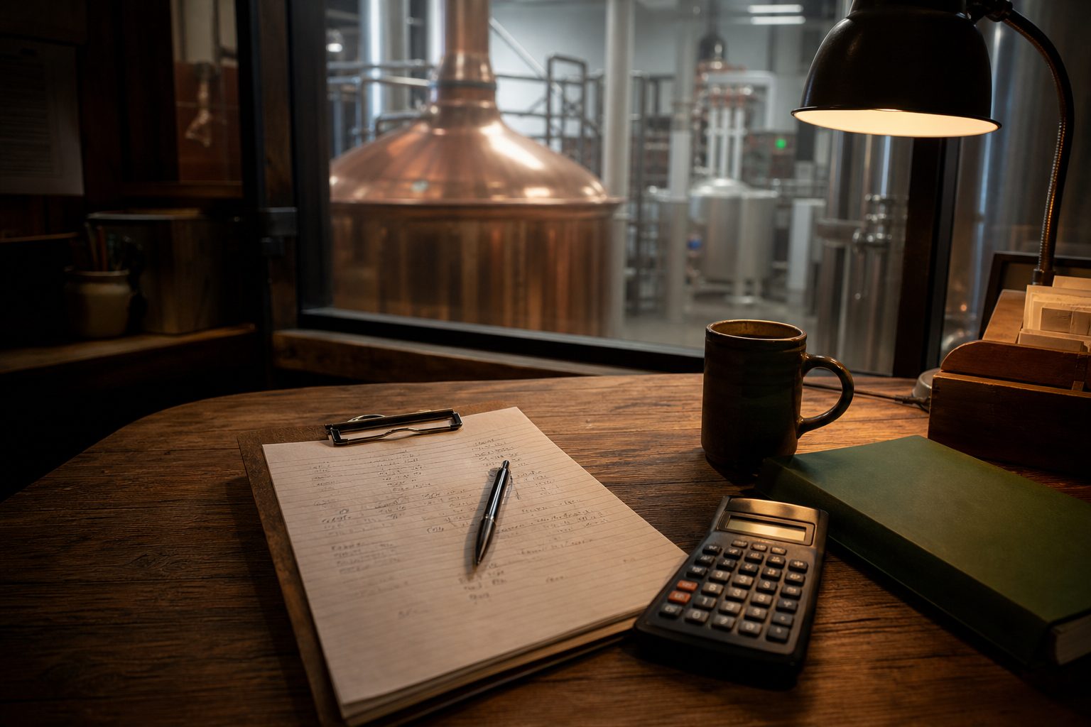 Brewery office desk with clipboard, calculator and mug, copper kettles visible through the window