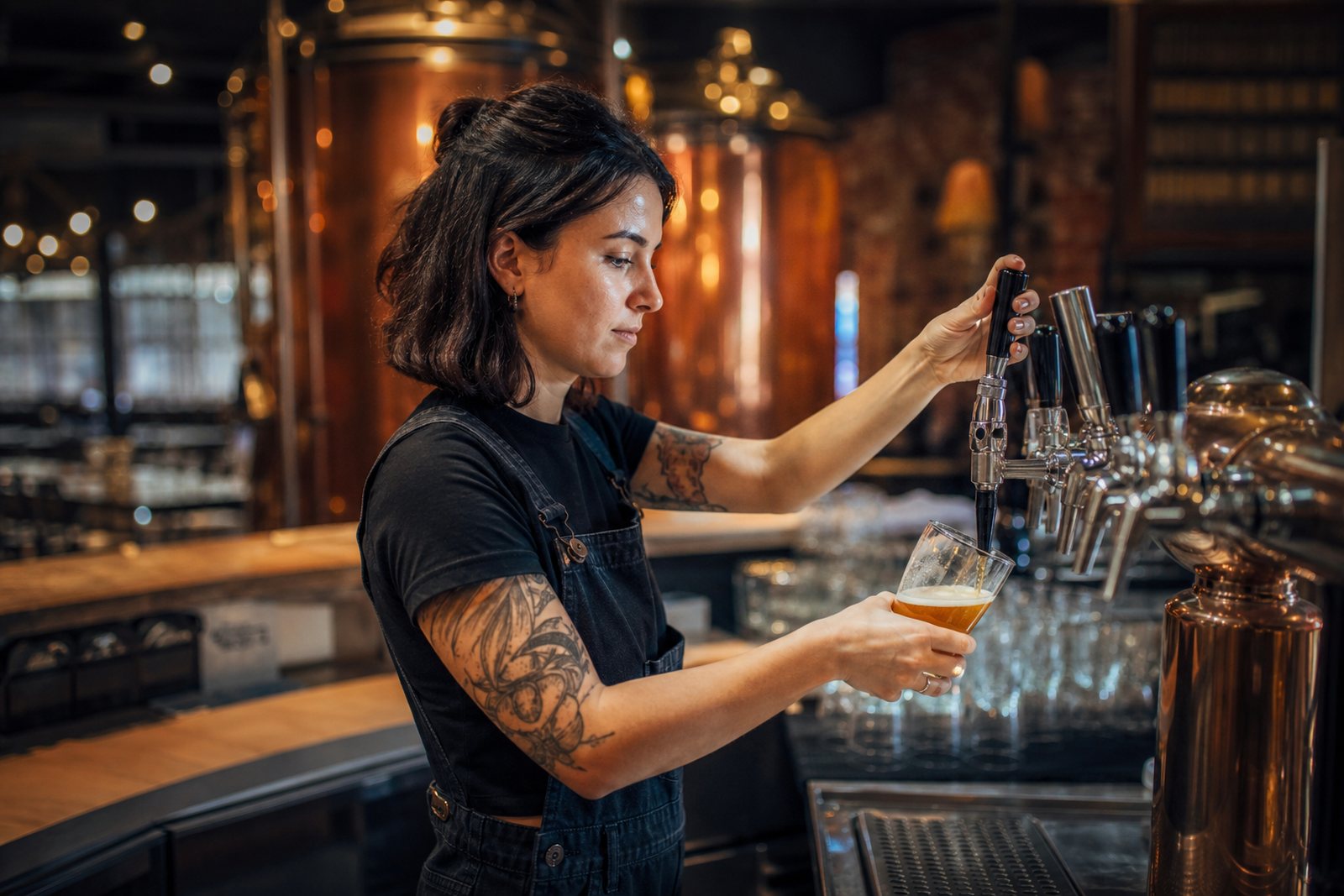 Bartender pulling a pint at a row of tap handles in a warm craft brewery taproom with copper tanks behind