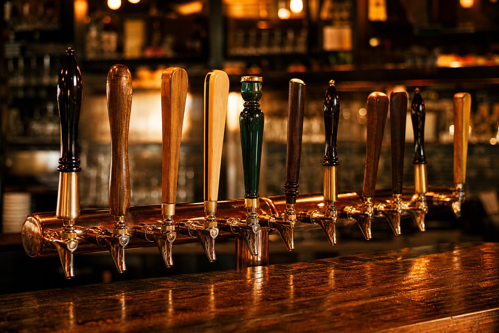 Row of craft beer tap handles on a dark oak bar under warm amber light with the taproom blurred behind